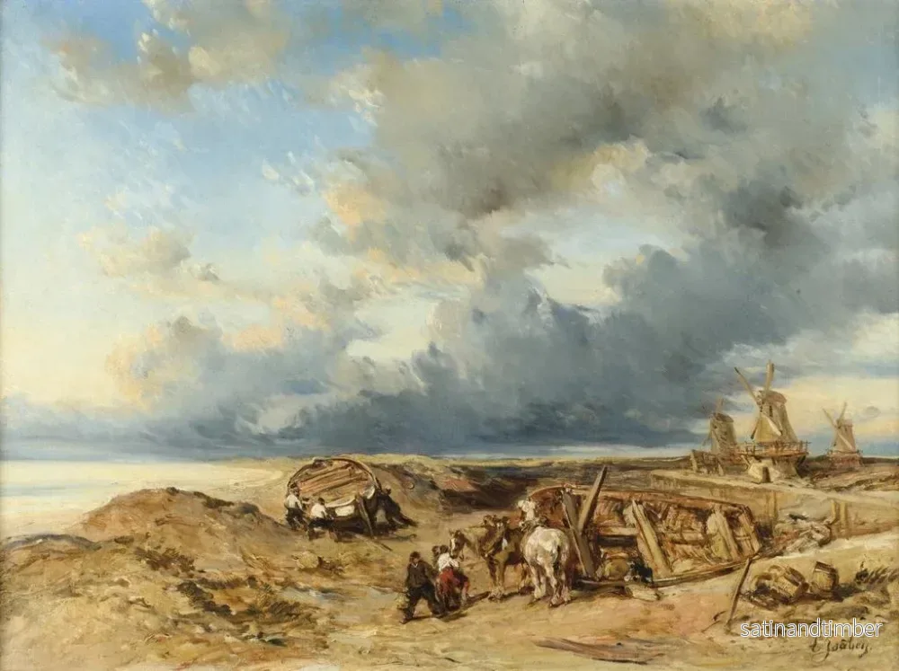 Reproduktion av målningen av hästdragning på stranden i Holland - Eugène Isabey - Bild 2