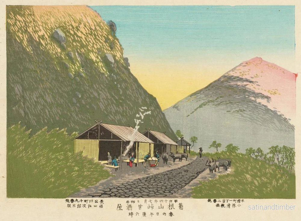 Reproduktion av målningen av ett sockerhus vid foten av berget Hakone, kl. 18:00 en vårdag - Kobayashi Kiyochika - Bild 2