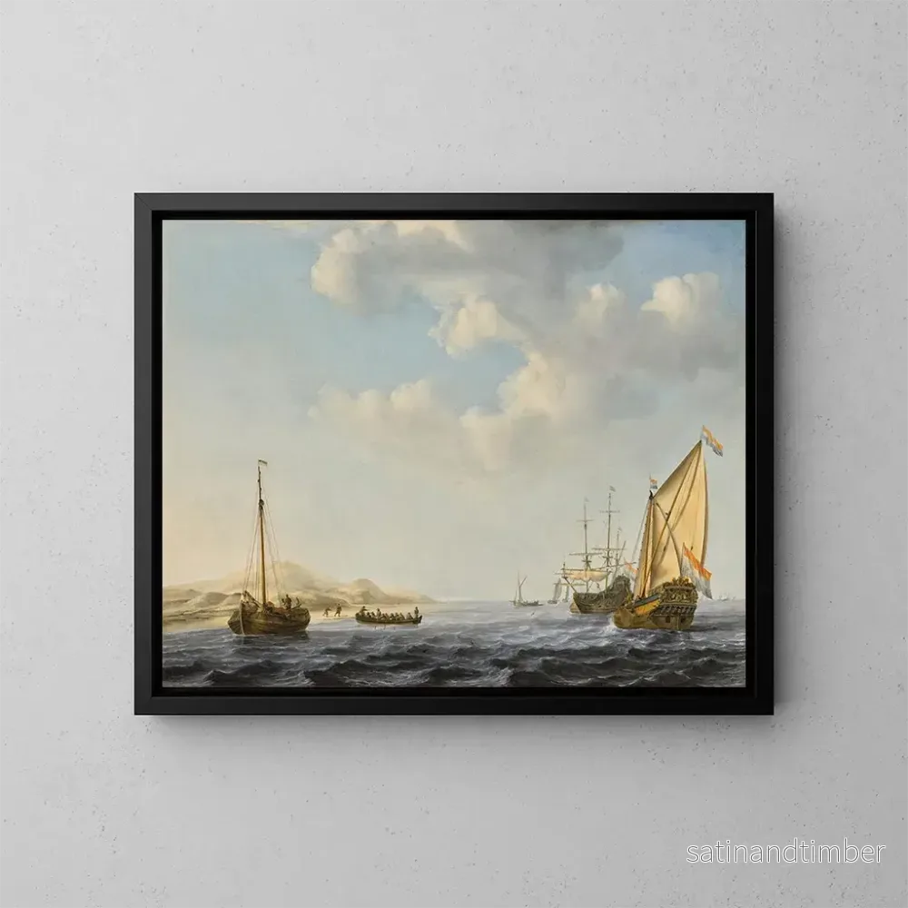Reproduktion av målningen En yacht från Amsterdamstaterna i förtöjning nära kusten med andra båtar i stormiga vatten – Willem van de Velde den yngre Reproduktion av målningen En yacht från Amsterdamstaterna i förtöjning nära kusten med andra båtar i stormiga vatten – Willem van de Velde den yngre