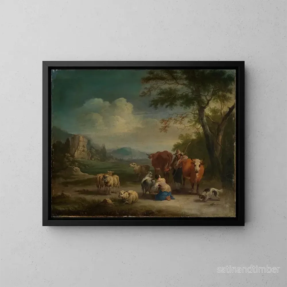 Reproduktion av målningen Landskap med herdar och ruin av en gotisk slott - Pieter Bout