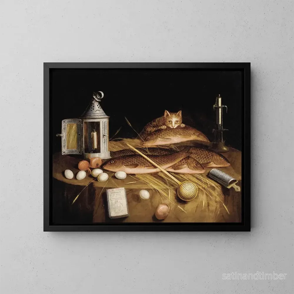 Reproduktion av målningen av köksstill life med fisk och katt - Cercle de Sébastian Stoskopff