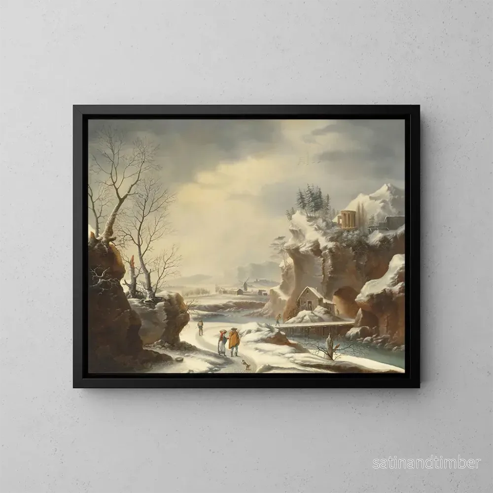 Reproduktion av målningen En snötäckt landskap med resenärer vid en flod – Francesco Foschi Reproduktion av målningen En snötäckt landskap med resenärer vid en flod – Francesco Foschi
