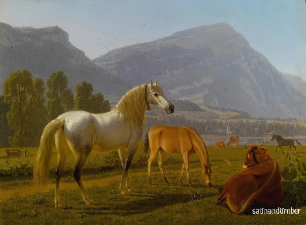 Reproduktion av målningen landskapsalpin med hästar - Johann Jakob Biedermann - Bild 2