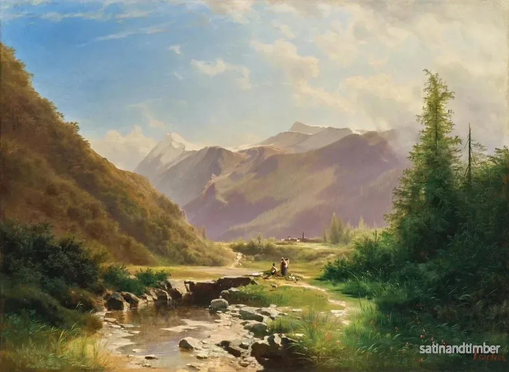 Reproduktion av målningen av bergsängar vilande i ett vidsträckt bergslandskap - Leopold Heinrich Vöscher - Bild 2