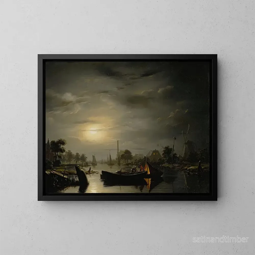Reproduktion av målningen av ett flodlandskap i silvermåne - Petrus van Schendel