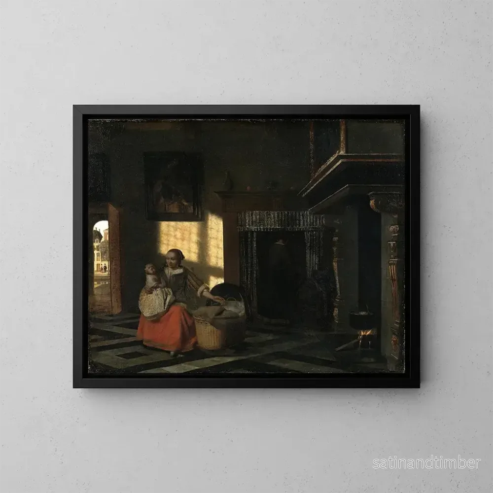 Reproduktion av målningen inomhus med en mor nära en vagga - Pieter de Hooch