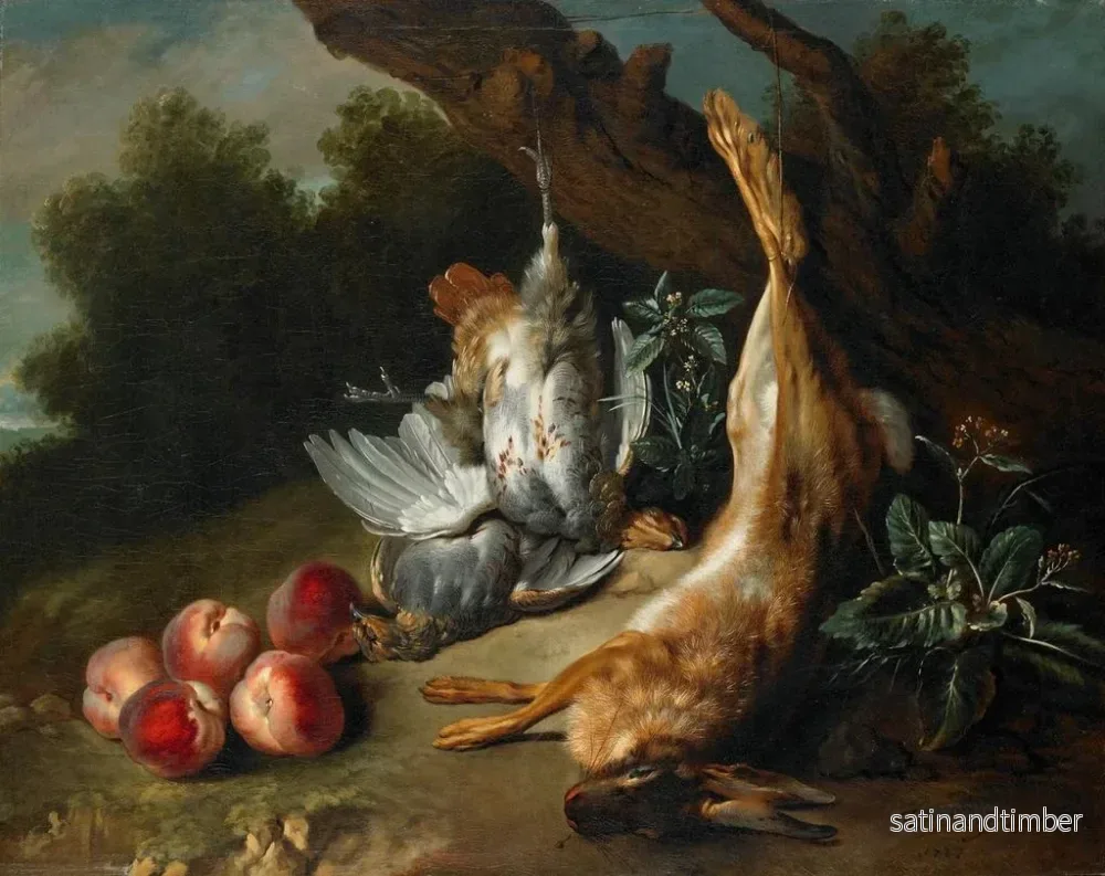 Reproduktion av målningen av naturtavla med dött vilt och persikor i ett landskap - Jean-Baptiste Oudry - Bild 2