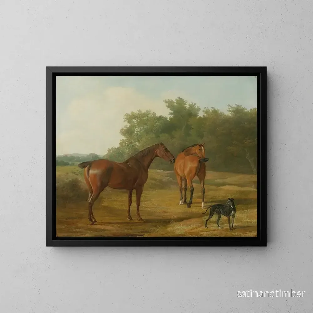Reproduktion av målningen av två hästar och en greyhound i ett landskap - Jacques-Laurent Agasse