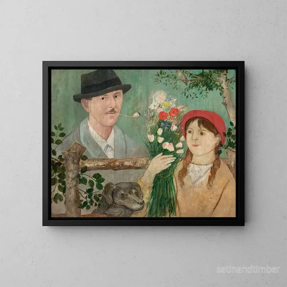 Reproduktion av målningen Idylle nära ett staket, självporträtt av flicka med blommor och hund - Tadeusz Makowski