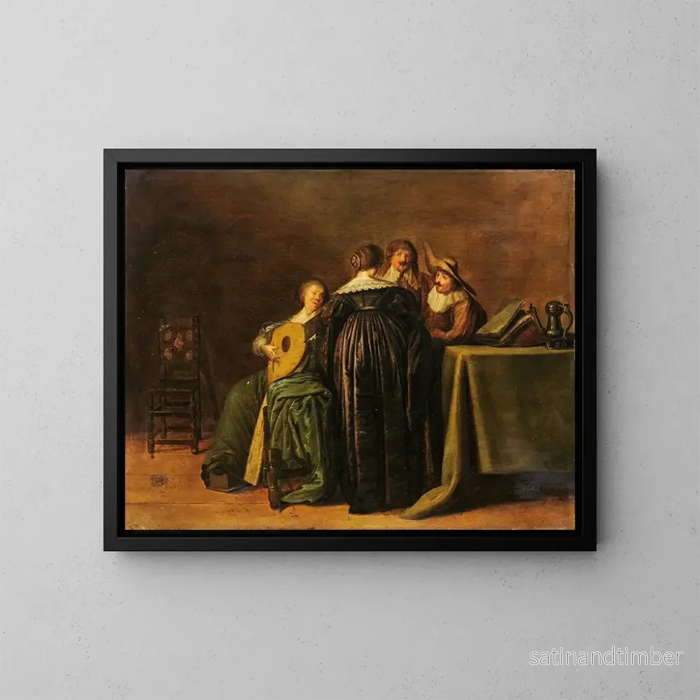Reproduktion av målningen av ett modeföretag med en kvinna som spelar lut – Pieter Codde Reproduktion av målningen av ett modeföretag med en kvinna som spelar lut – Pieter Codde