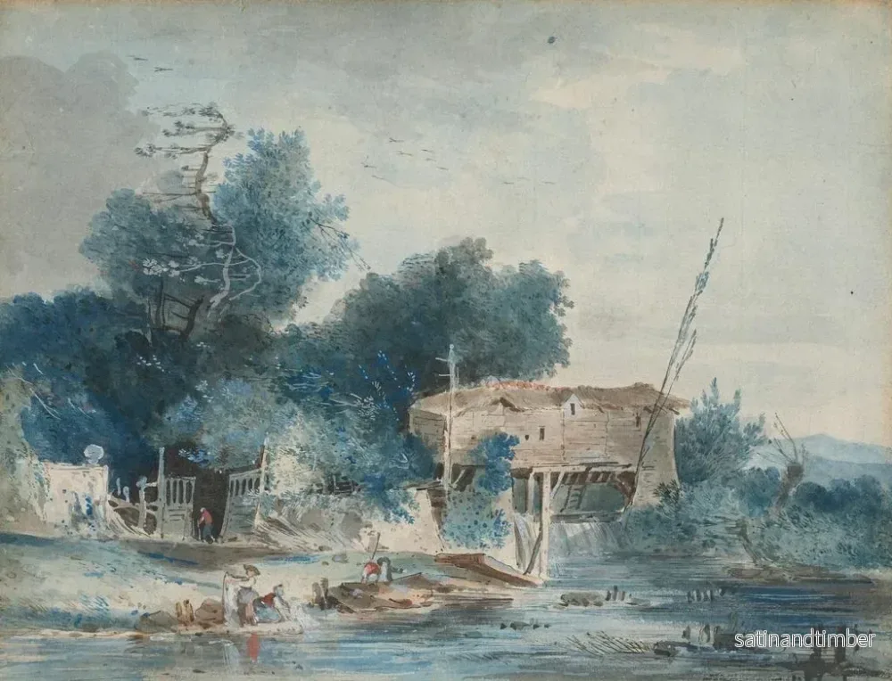 Reproduktion av målningen av ett flodlandskap med tvättare nära en kvarn - Louis Gabriel Moreau - Bild 2