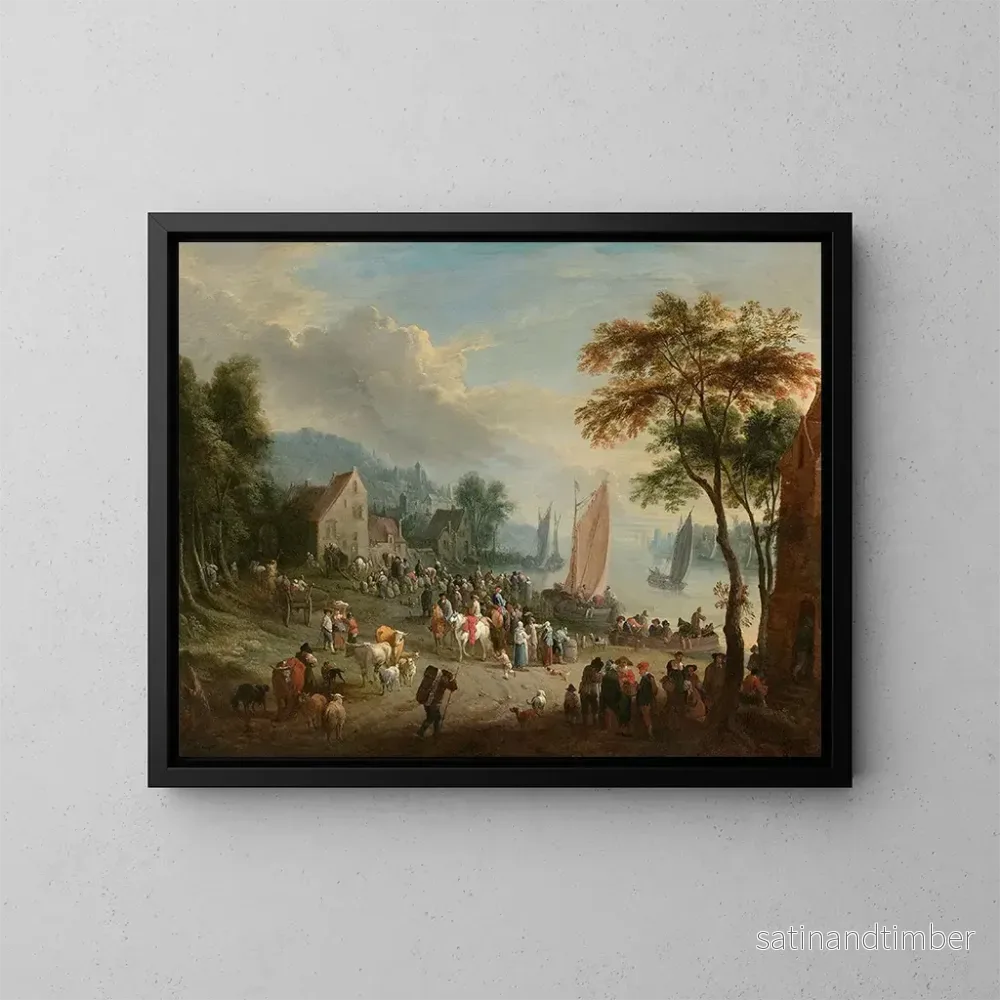 Reproduktion av målningen av en livlig landsbygdsscen vid en flod - Theobald Michau