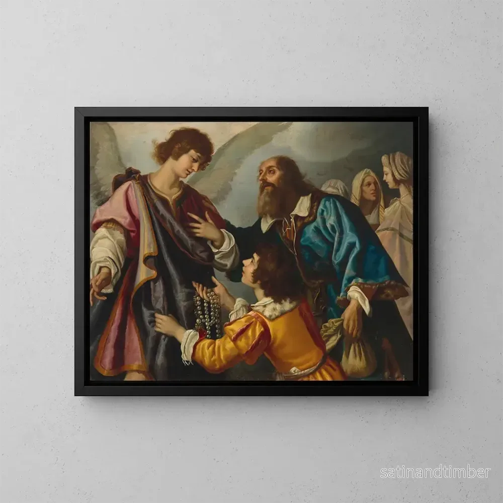 Reproduktion av målningen L'ängel Raphael vägrar de gåvor som Tobie erbjuder - Atelier de Giovanni Biliverti