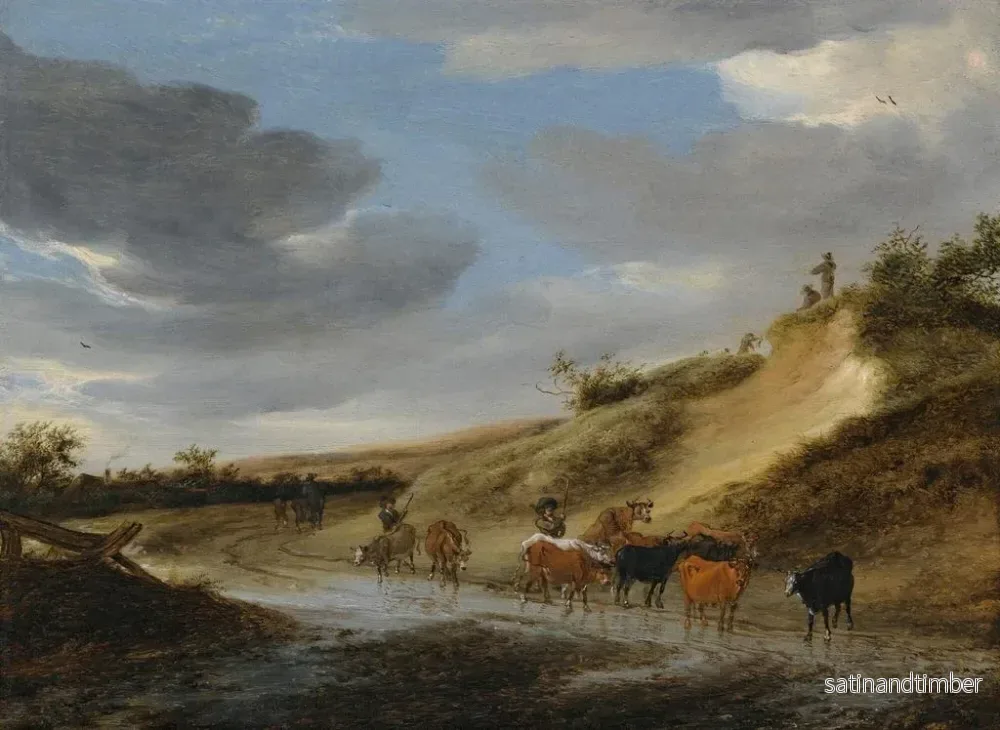 Reproduktion av målningen En stor landskap med boskap och deras herdar som följer en landsväg delvis översvämmad - Salomon van Ruysdael - Bild 2