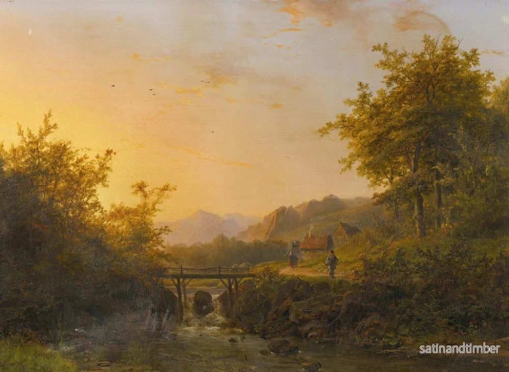 Reproduktion av målningen Landskapsmålning med bönder som går nära en flod vid skymningen - Johann Bernhard Klombeck - Bild 2