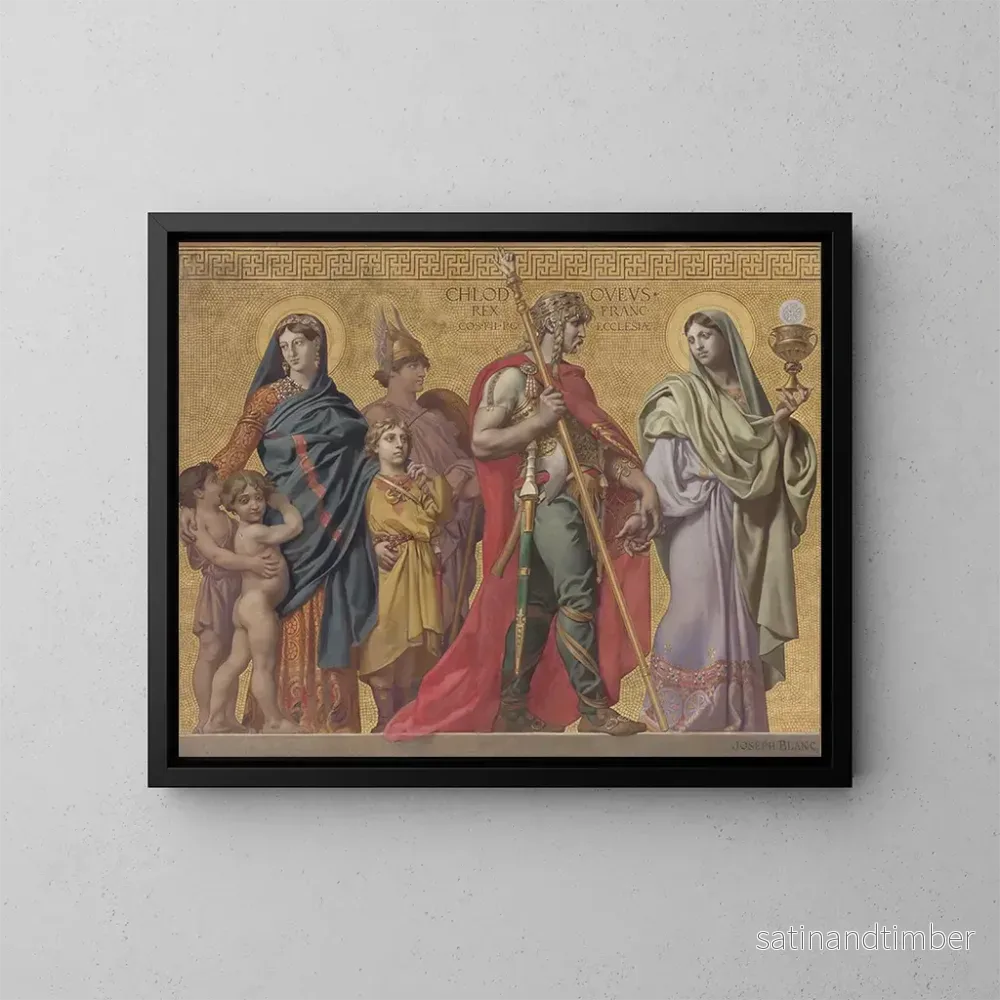 Reproduktion av målningen La Foi entraînant Clovis, suivie de la reine et de ses enfants, puis de divers saints et guerriers - Joseph Blanc