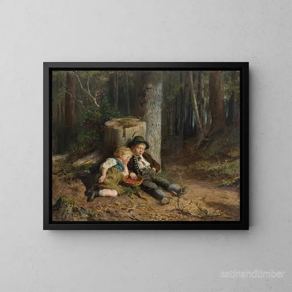 Reproduktion av målningen Barn som plockar bär somnar i skogen - Felix Schlesinger