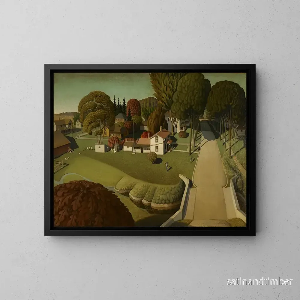 Reproduktion av målningen Le lieu de naissance de Herbert Hoover, West Branch, Iowa – Grant Wood Reproduktion av målningen Le lieu de naissance de Herbert Hoover, West Branch, Iowa – Grant Wood