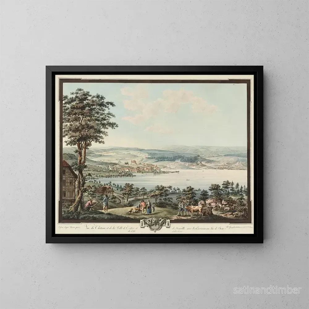 Reproduktion av målningen Vue du Château et de la Ville de Cerlier et de Neuville avec les Environs au Lac de Bienne - Niklaus Sprüngli