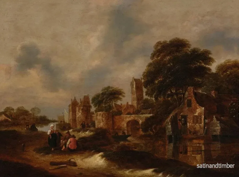 Reproduktion av målningen landskapsflod med bymurar och figurer som samtalar i förgrunden - Nicolaes Molenaer - Bild 2