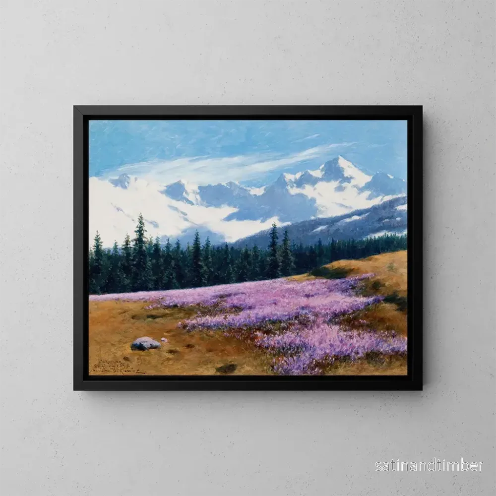 Reproduktion av målningen av krokus med snötäckta berg i bakgrunden - Stanisław Witkiewicz