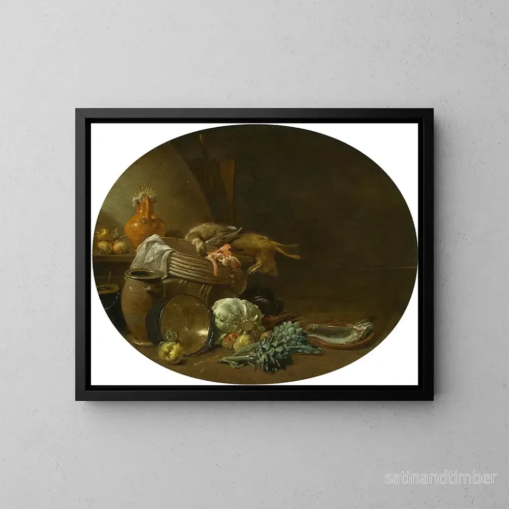 Reproduktion av målningen av köksstill life med hare, anka, kronärtskockor, kål, päron, en fisk på en terrakottatallrik och kastruller - Jan Olis