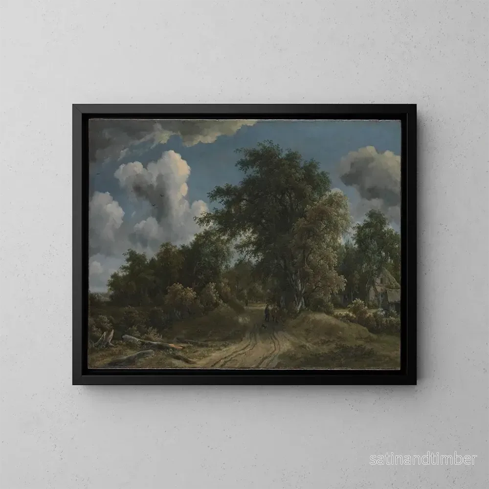 Reproduktion av målningen av vägbild i skogen - Meindert Hobbema