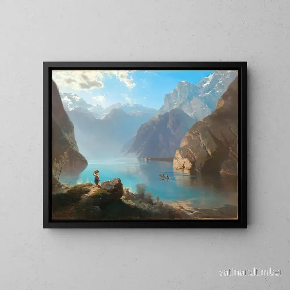 Reproduktion av målningen En scen vid Königssee med Saint Barthélemy – Leopold Heinrich Vöscher Reproduktion av målningen En scen vid Königssee med Saint Barthélemy – Leopold Heinrich Vöscher