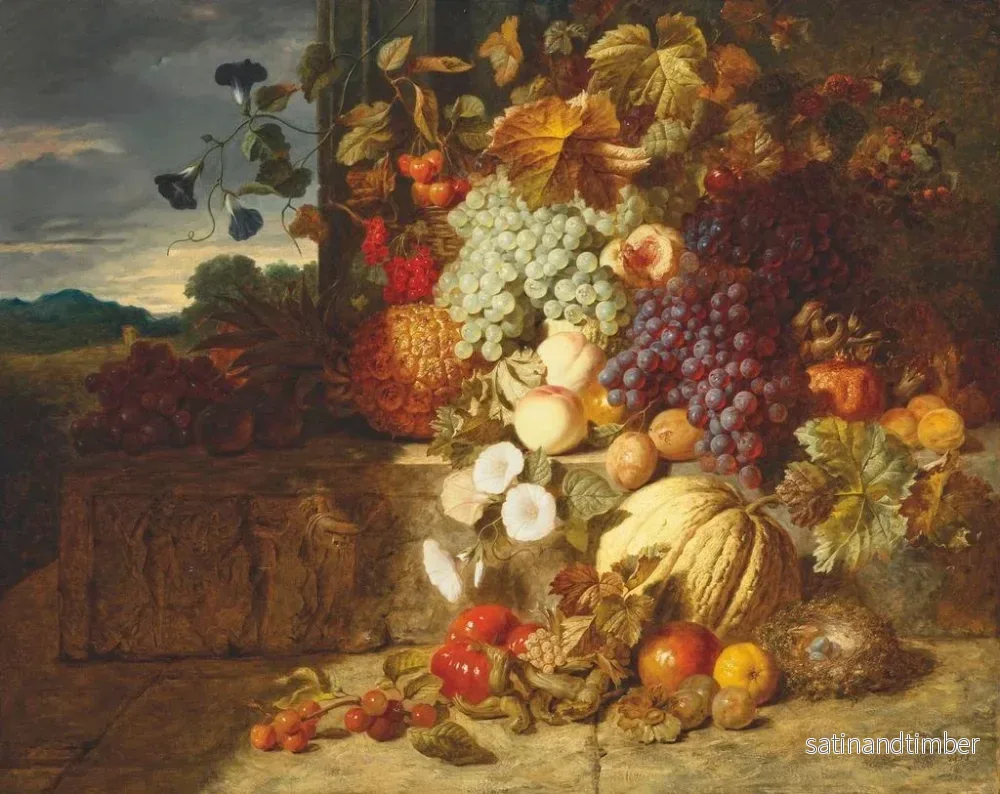 Reproduktion av målningen med druvor, persikor, en melon och andra frukter på en stenfris med ett fågelbo - George Lance - Bild 2