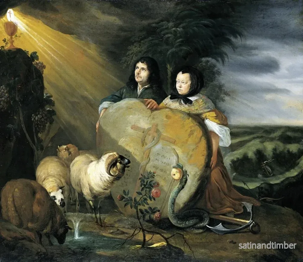 Reproduktion av målningen Självporträtt med sin fru och symboler för den kristna tron - Johann Heinrich Roos - Bild 2