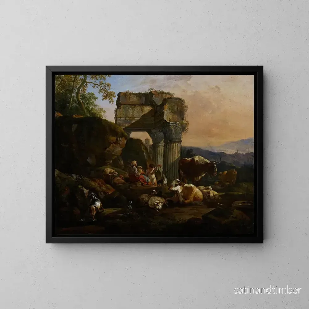 Reproduktion av målningen Landskapsromersk med boskap och herdar - Johann Heinrich Roos