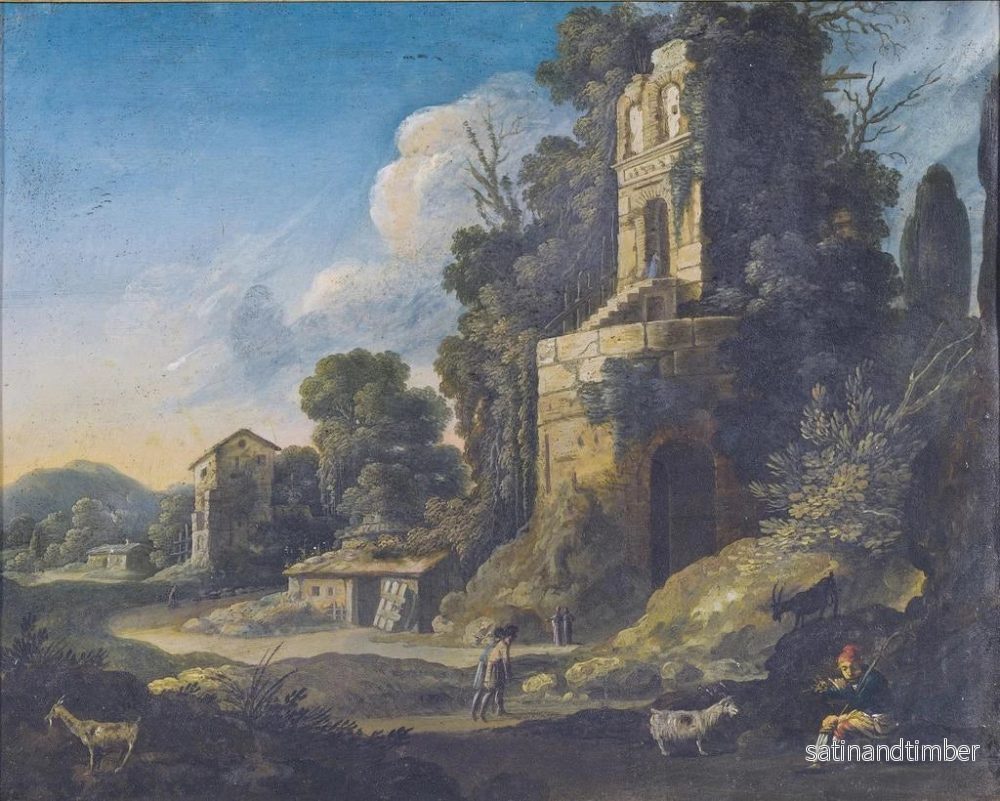 Reproduktion av målningen Landskapsmålning i kursiv med byggnader och en herde som spelar flöjt - Bartholomeus Breenbergh - Bild 2