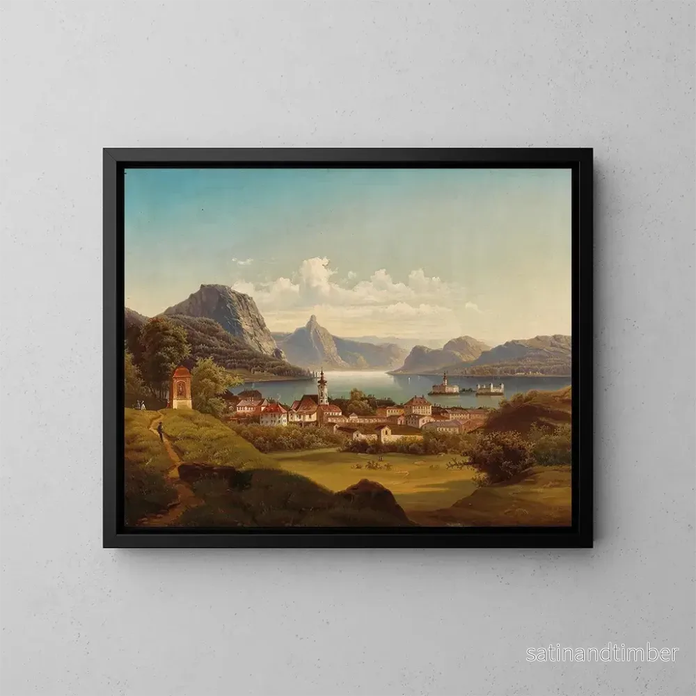 Reproduktion av målningen Gmunden med slottet Ort vid Traunsee – Johann Wilhelm Jankowsky Reproduktion av målningen Gmunden med slottet Ort vid Traunsee – Johann Wilhelm Jankowsky