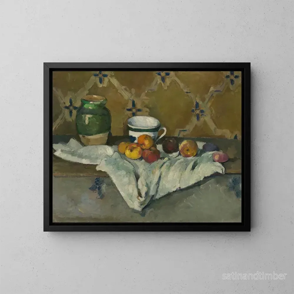 Reproduktion av målningen av naturtavla med en kruka, en kopp och äpplen - Paul Cézanne
