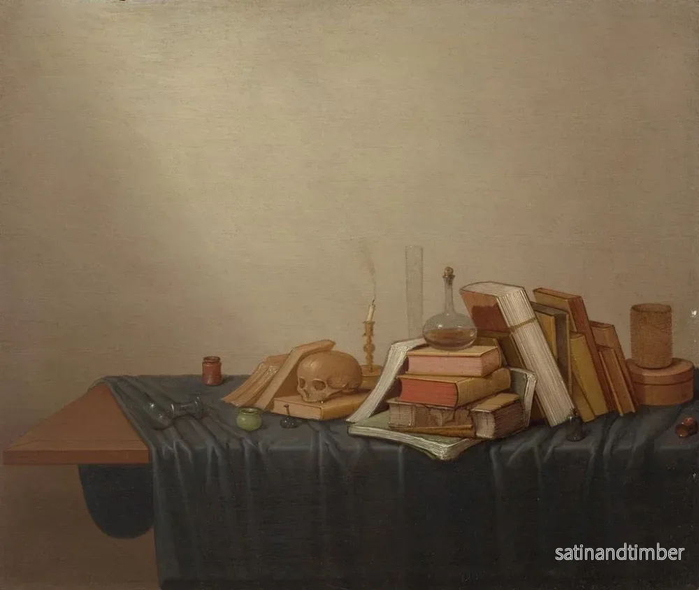 Reproduktion av målningen En vanitas med böcker, ett skalle, ett ljus och olika föremål på ett bord - Gerrit van Vucht - Bild 2