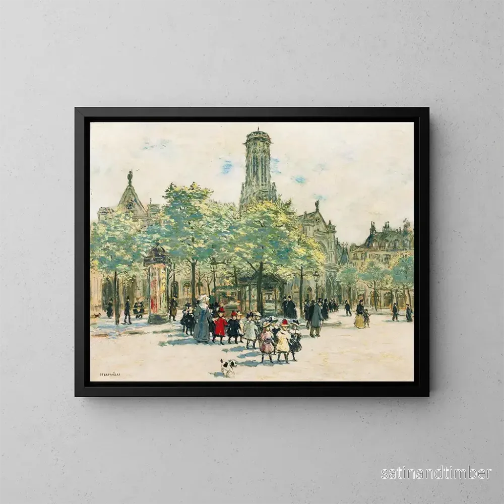Reproduktion av målningen av flickor framför Saint-Germain-l'Auxerrois - Jean François Raffaëlli