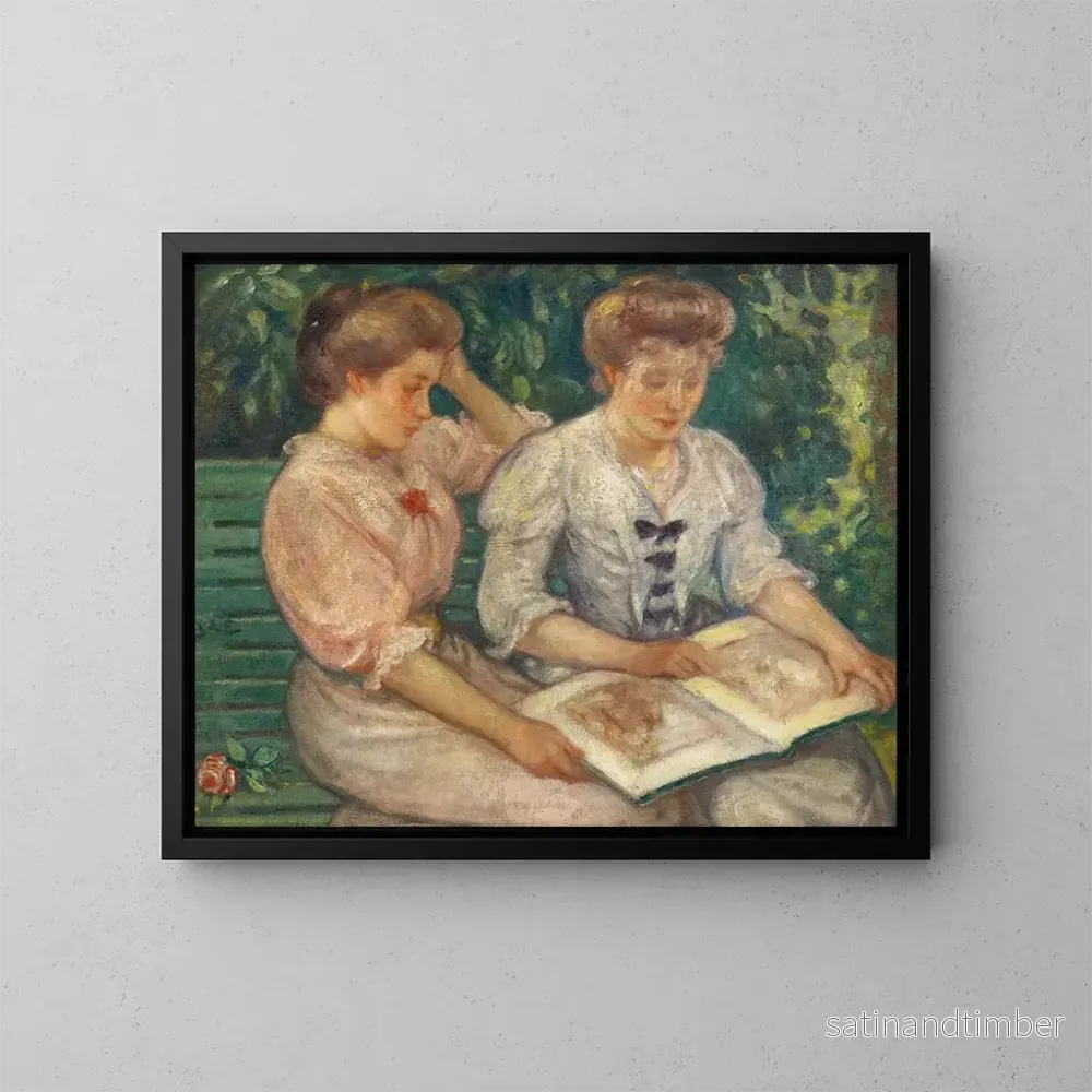 Reproduktion av målningen Blanche Viau och Alice Viau, två unga flickor som läser på en bänk - Georges d'Espagnat