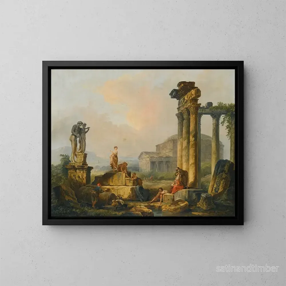 Reproduktion av målningen En landskap med herdar och fårskallar bland antika ruiner med statyn av Castor och Pollux och Pantheon i fjärran - Hubert Robert