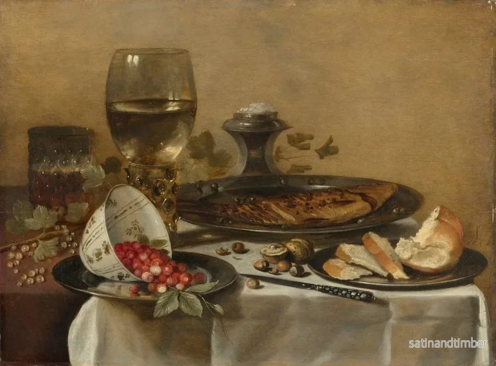 Reproduktion av målningen av still life med rökt sill, nötter, vita vinbär och skogshallon - Pieter Claesz - Bild 2