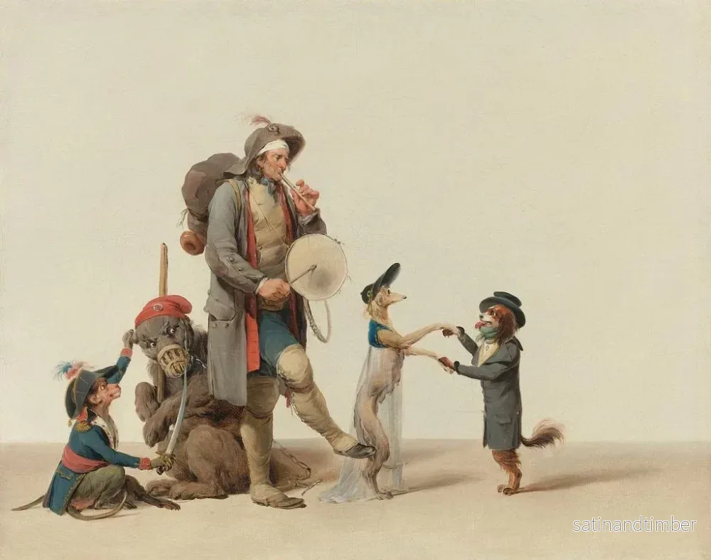 Reproduktion av målningen La pièce curieuse: un dresseur d'animaux avec des chiens dansants, un ours et un singe - Louis Léopold Boilly - Bild 2