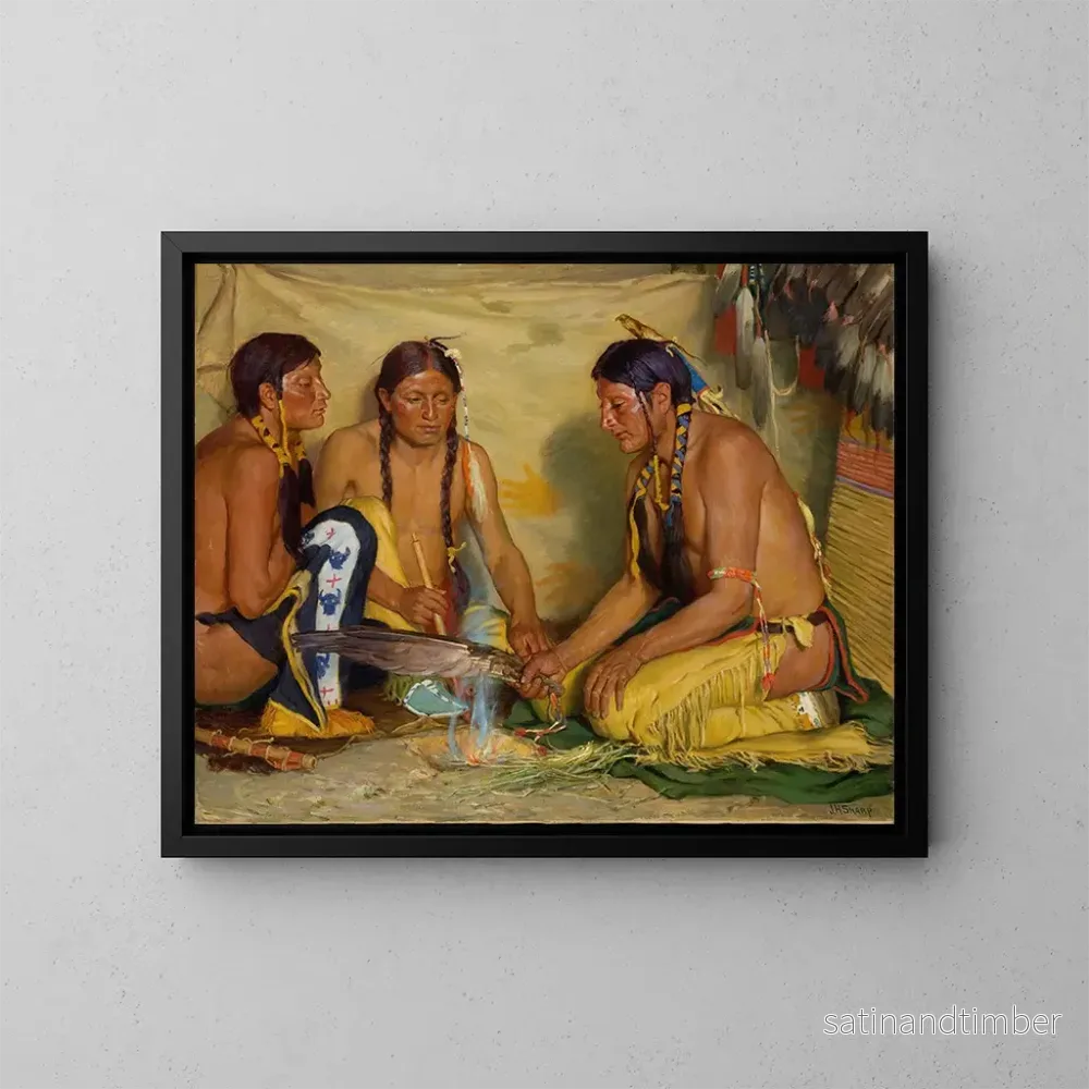 Reproduktion av målningen av tillverkning av örtbaserad medicin, Blackfoot-ceremoni - Joseph Henry Sharp