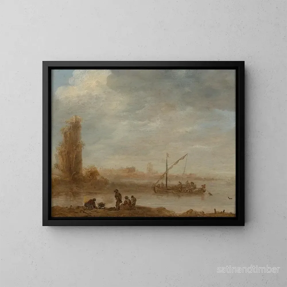 Reproduktion av målningen av ett flodlandskap med ruiner av Merwede - Jan van Goyen