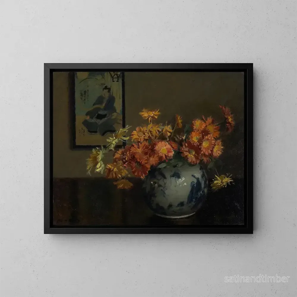 Reproduktion av målningen Chrysanthèmes, japanskt arrangemang - Mary Hiester Reid