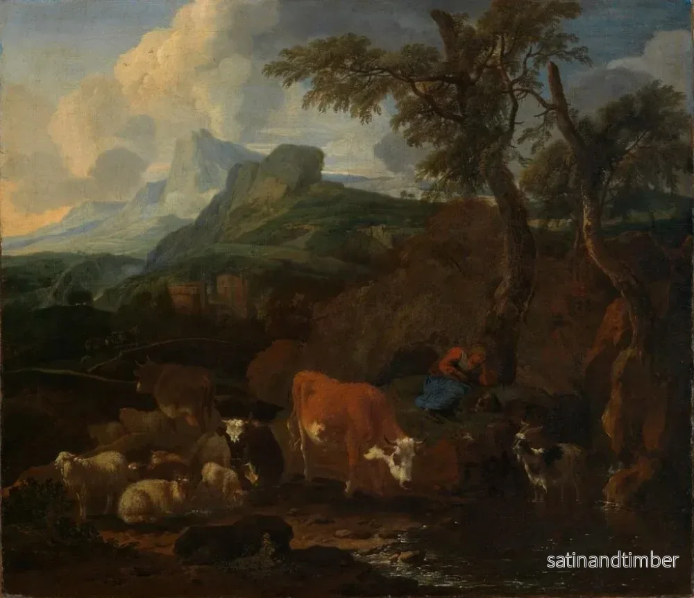 Reproduktion av målningen Bergère som vilar med en hjord i ett sydländskt landskap - Michiel Carré - Bild 2