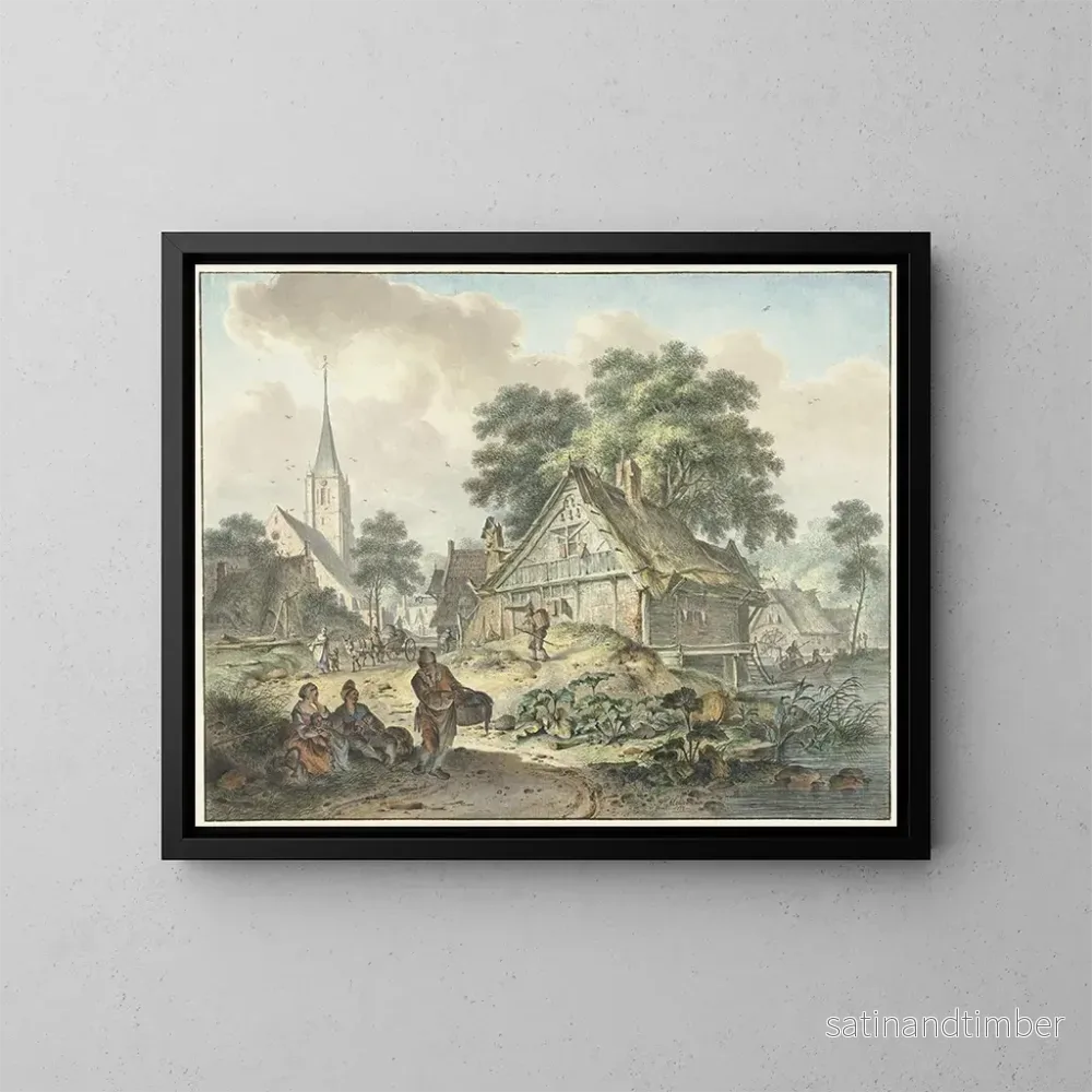 Reproduktion av målningen av ett hus i ruiner och en landsbygdskyrka - Hendrik Meijer