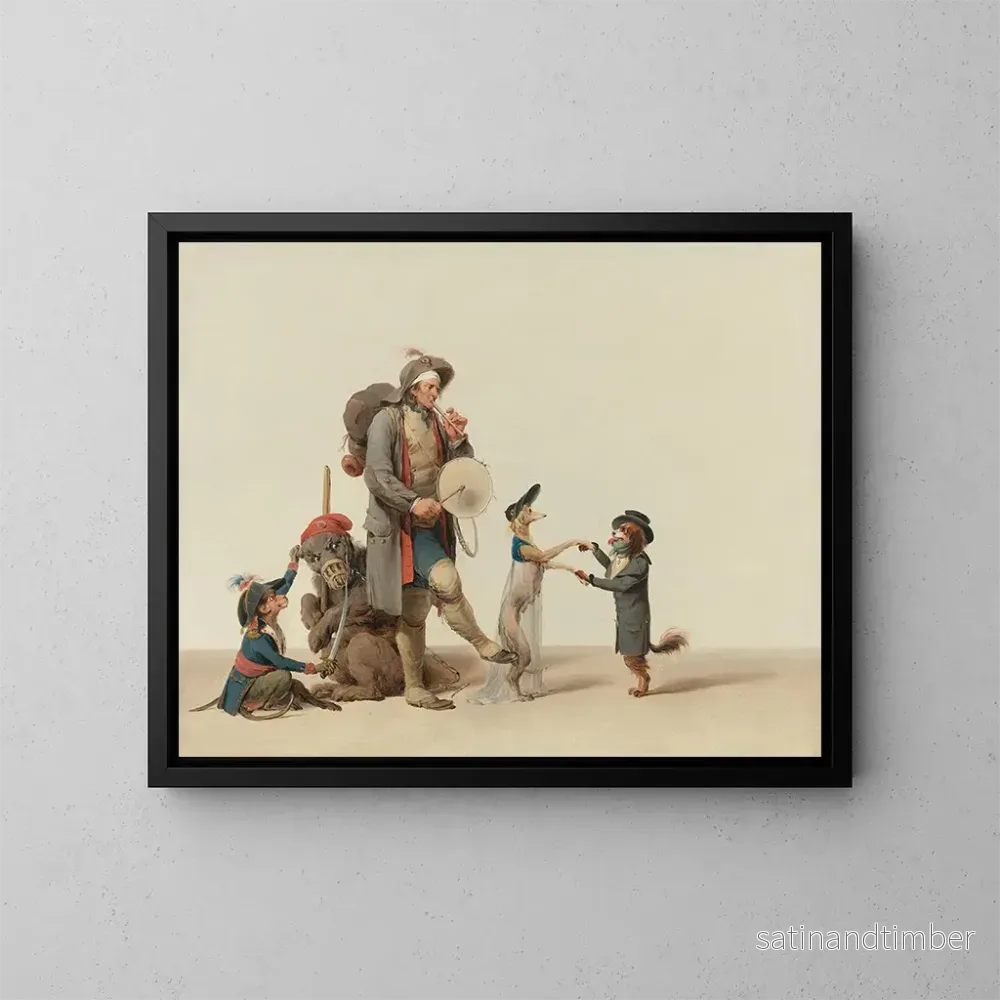 Reproduktion av målningen La pièce curieuse: un dresseur d'animaux avec des chiens dansants, un ours et un singe - Louis Léopold Boilly