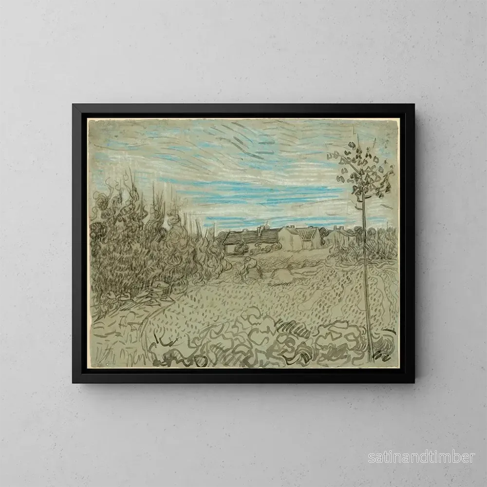 Reproduktion av målningen Cottages med en kvinna som arbetar mitt i landskapet – Vincent van Gogh Reproduktion av målningen Cottages med en kvinna som arbetar mitt i landskapet – Vincent van Gogh