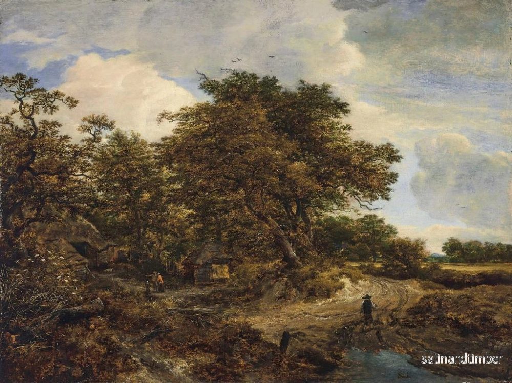 Reproduktion av målningen av en skogig landskap med stugor och en figur med hundar på en jordstig - Jacob van Ruisdael - Bild 2