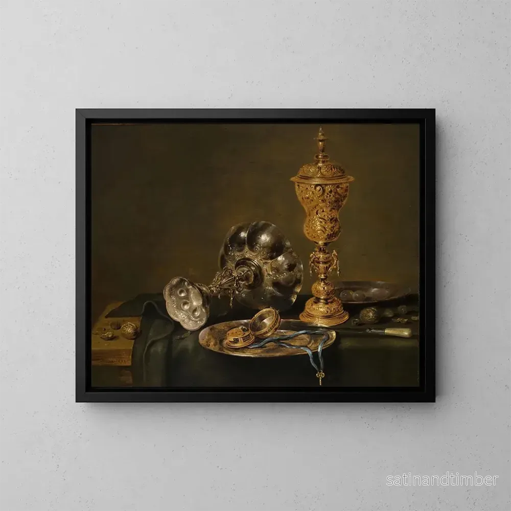 Reproduktion av målningen Stilllif med metallbehållare och en klocka på ett bord – Willem Claesz Heda Reproduktion av målningen Stilllif med metallbehållare och en klocka på ett bord – Willem Claesz Heda