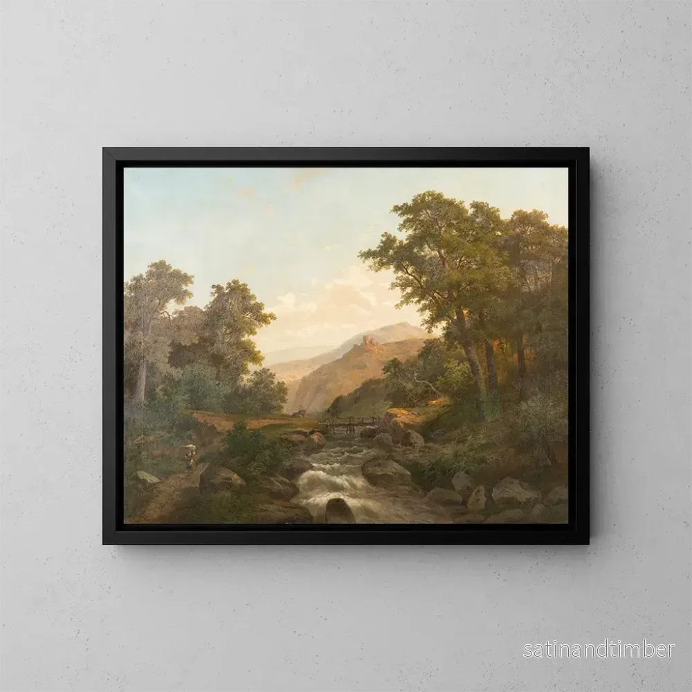 Reproduktion av målningen romantisk landskap med slott och vild bäck – Heinrich Eduard Heyn Reproduktion av målningen romantisk landskap med slott och vild bäck – Heinrich Eduard Heyn